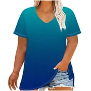 Olyvenn Plus Size Tops for Women Casual Summer T Shirts V Neck Short Sleeve Tunics Gradient Loose Basic Tees Black XXXL